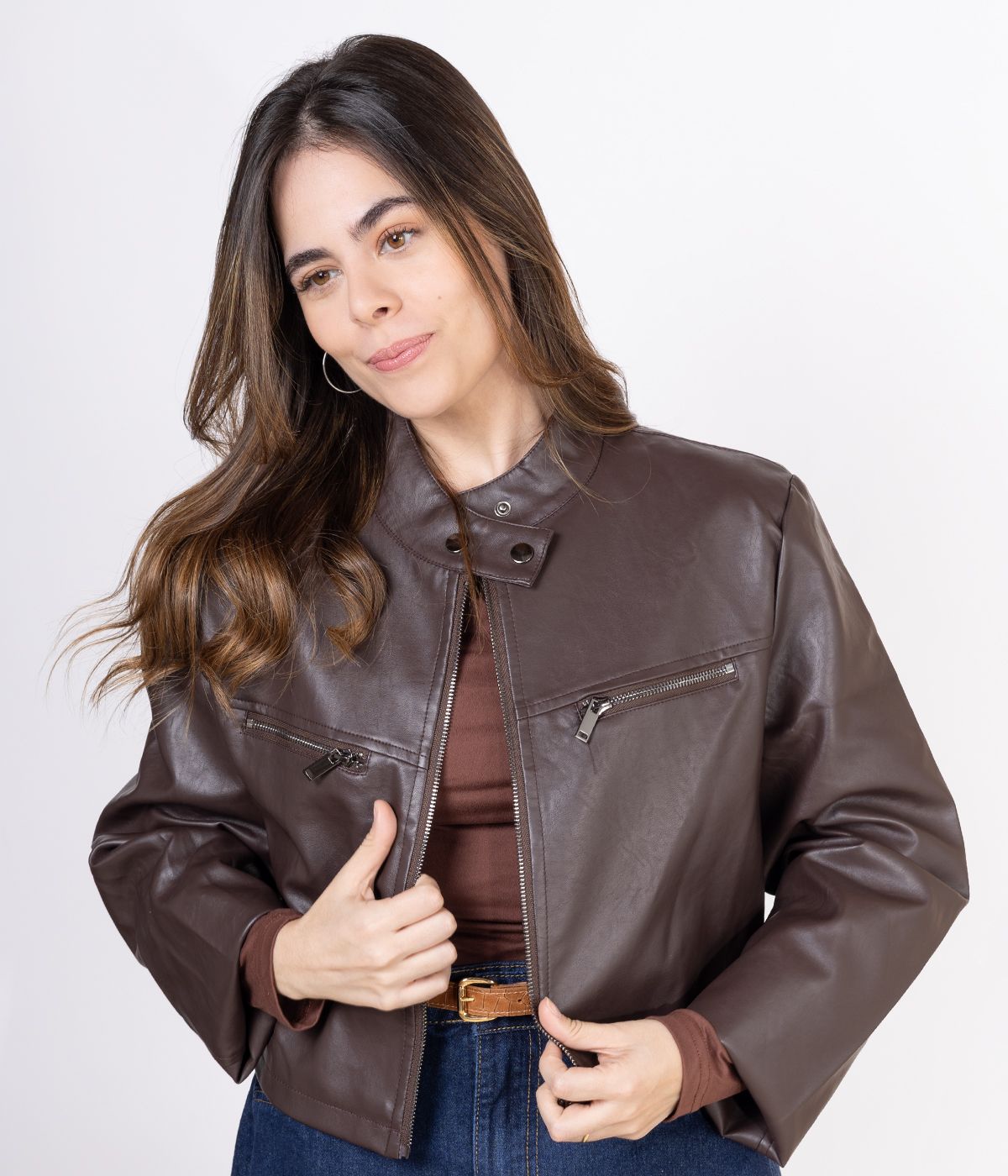 Campera Cuerina Marrón Cuello Mao
